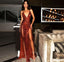 Burgundy Shiny Sequins V-Neck Long Elegant Sexy Backless Sleeveless Front Slit Ball Gown Classy Evening Dress Party Dress