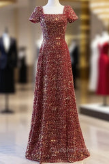Burgundy Sequins Square Short Sleeve Evening Prom Dress