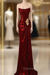 Burgundy Sequins Strapless Pleats Evening Prom Dress