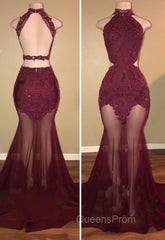 Burgundy Sheer-Tulle Lace-Appliques High-Neck Mermaid Evening Prom Dress