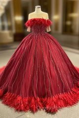 Burgundy Short Sleeve Beading Feather Evening Prom Dress