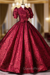 Burgundy Short Sleeve High Neck Backless Quinceanera Dress