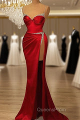 Burgundy Spaghetti-Straps Mermaid Evening Dress Sleeveless With Slit Beads