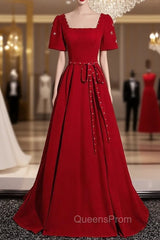 Burgundy Square Short Sleeve Pearls Evening Prom Dress