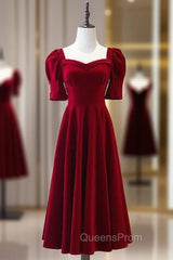 Burgundy Square Short Sleeve Tea Length Evening Prom Dress
