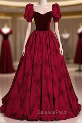 Burgundy Square Square Puff Sleeve Evening Prom Dress