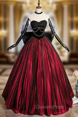 Burgundy Strapless Black Tulle Bow Evening Prom Dress