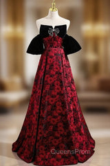 Burgundy Strapless Black Velvet Evening Prom Dress