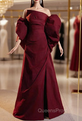 Burgundy Strapless Pleats Split Evening Prom Dress