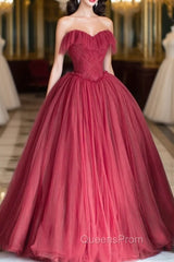 Burgundy Strapless Tulle Long Evening Dress, Sweetheart Neckline Evening Dress