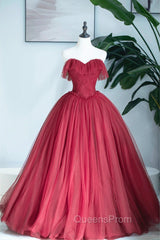 Burgundy Strapless Tulle Long Evening Dress, Sweetheart Neckline Evening Dress