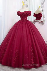 Burgundy Sweet 16 Evening Gown with Lace, Off the Shoulder Evening Prom Dress Party Dress