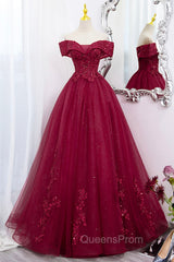 Burgundy Sweet 16 Evening Gown with Lace, Off the Shoulder Evening Prom Dress Party Dress