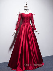 Burgundy Sweetheart Lace Satin Long Evening Prom Dress Burgundy Evening Dress