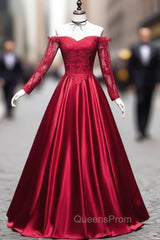 Burgundy Sweetheart Lace Satin Long Evening Prom Dress Burgundy Evening Dress