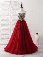 Burgundy Sweetheart Neck Lace Applique Tulle Long Prom Dresses