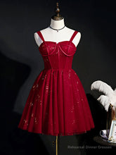 Burgundy Sweetheart Neck Tulle Sequin Short Prom Dress, Puffy Cute Homecoming Dresses