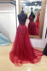 Burgundy sweetheart tulle lace long Evening Prom Dress formal Dress