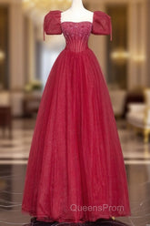 Burgundy Tulle Beaded Floor Length Evening Prom Dress, A-Line Short Sleeve Evening Dress