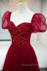 Burgundy Tulle Beaded Long Evening Prom Dress, A-Line Short Sleeve Evening Dress