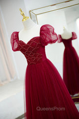 Burgundy Tulle Beaded Long Evening Prom Dress, A-Line Short Sleeve Evening Dress