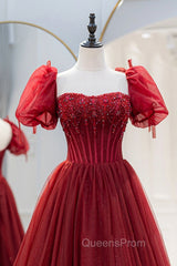Burgundy Tulle Beaded Long Evening Prom Dress, A-Line Short Sleeve Evening Dress