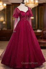 Burgundy Tulle Beaded Long Sleeve Evening Prom Dress, A-Line Evening Graduation Dress