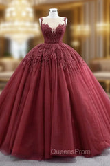 Burgundy Tulle Beading Sequins Illusion Neck Evening Prom Dress