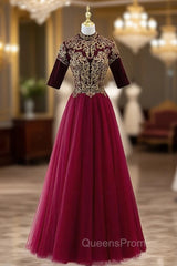 Burgundy Tulle Beading Short Sleeve Evening Prom Dress