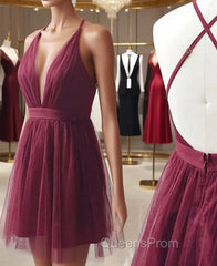 Burgundy Tulle Deep V-neck Homecoming Dress