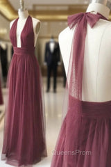 Burgundy Tulle Halter Deep V-neck Backless Evening Prom Dress