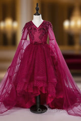 Burgundy Tulle Appliques V-neck Short Sleeve Girl Dress