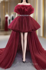 Burgundy Tulle Strapless Evening Prom Dress