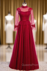 Burgundy Tulle High Neck Long Sleeve Backless Evening Prom Dress