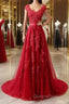 Burgundy tulle lace applique long Evening Prom Dress, burgundy evening Dress