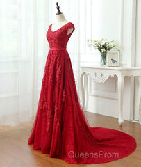 Burgundy tulle lace applique long Evening Prom Dress, burgundy evening Dress