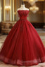 Burgundy Tulle Lace Long Evening Prom Dress, Burgundy A-Line Evening Gown