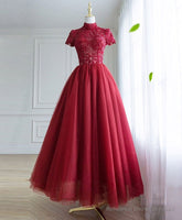 Burgundy Tulle Lace Long Prom Dress, Tulle Lace Evening Dress