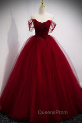 Burgundy Tulle Long A-Line Evening Dress, Off the Shoulder Evening Party Dress