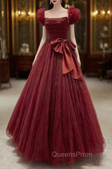 Burgundy Tulle Long A-Line Evening Prom Dress, Lovely Evening Graduation Dress
