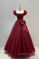 Burgundy Tulle Long A-Line Evening Prom Dress, Lovely Evening Graduation Dress