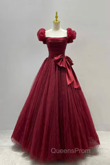 Burgundy Tulle Long A-Line Evening Prom Dress, Lovely Evening Graduation Dress