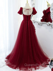 Burgundy Tulle Long Evening Prom Dress, Burgundy Tulle Evening Dress
