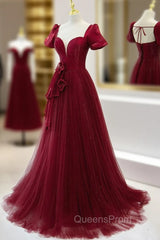 Burgundy Tulle Long Evening Prom Dress, Burgundy Tulle Evening Dress