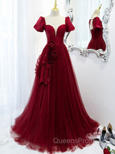 Burgundy Tulle Long Evening Prom Dress, Burgundy Tulle Evening Dress