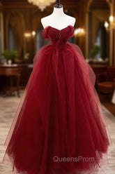Burgundy Tulle Long Evening Prom Dress with Beaded, Burgundy Off Shoulder Evening Dress