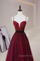 Burgundy Tulle Long Evening Prom Dress with Beaded, Spaghetti Straps Evening Dress