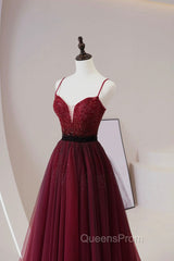 Burgundy Tulle Long Evening Prom Dress with Beaded, Spaghetti Straps Evening Dress