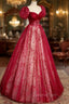 Burgundy Tulle Long Evening Prom Dress with Sequins, A-Line Short Sleeve Evening Dress