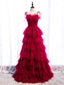 Burgundy Tulle Long Classy Prom Dress, Burgundy Classy Graduation Dress